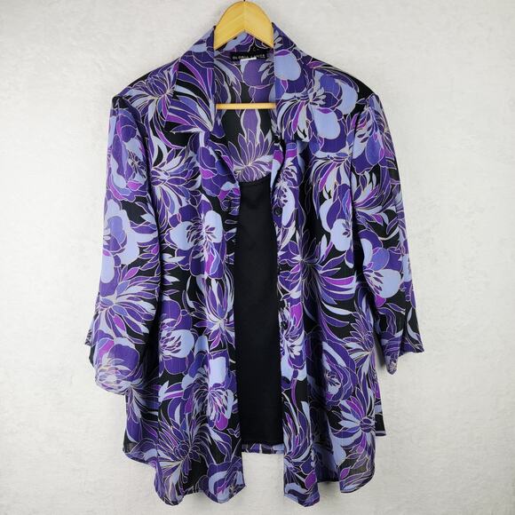 Whimsical 2X Button Top Tank Combo 3/4 Sleeve Purple Floral Casual Cottagecore - Picture 1 of 9